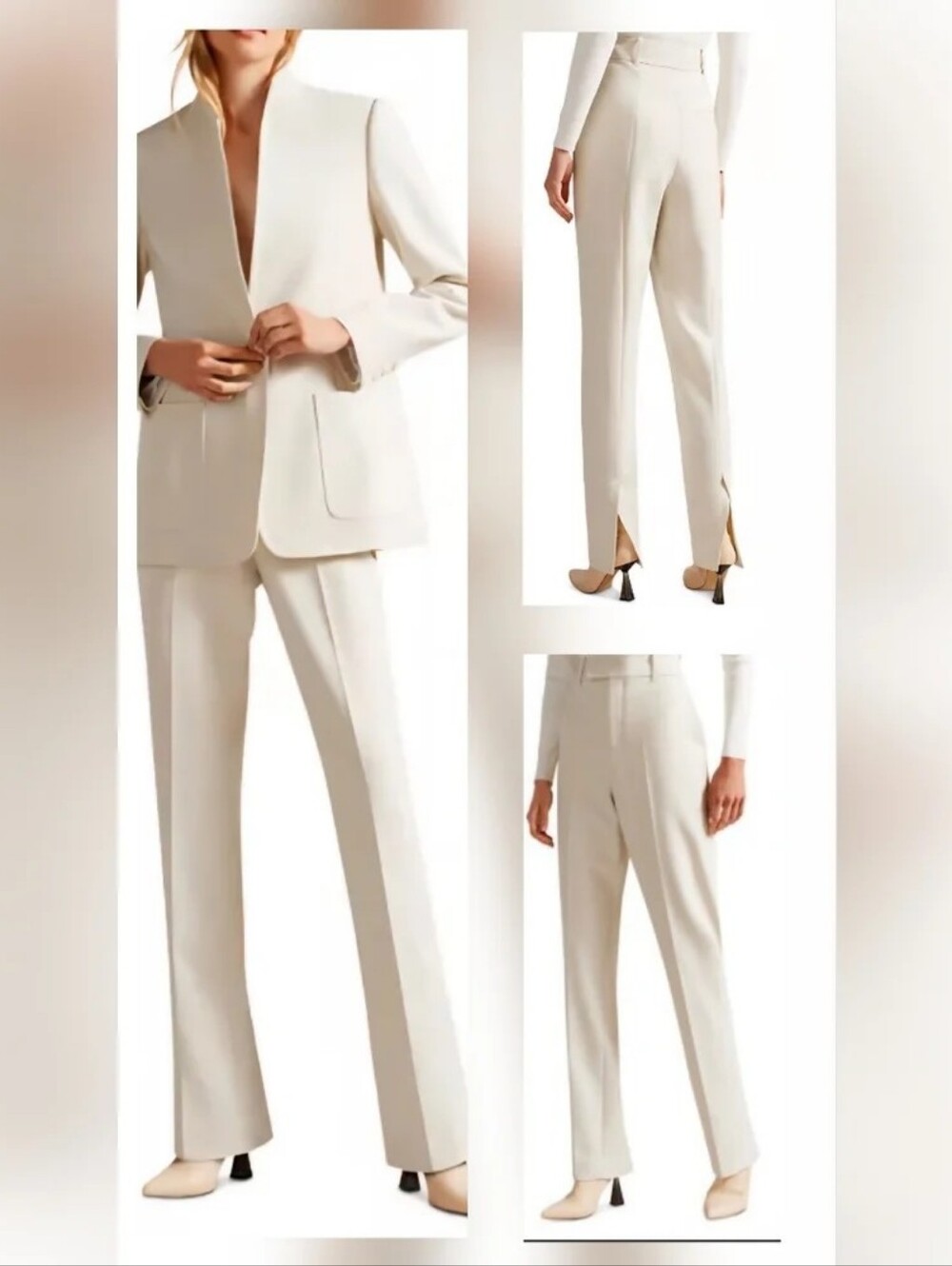 TED BAKER Amberot Slit Back Hem Slim Trousers Natural Cream Size 0